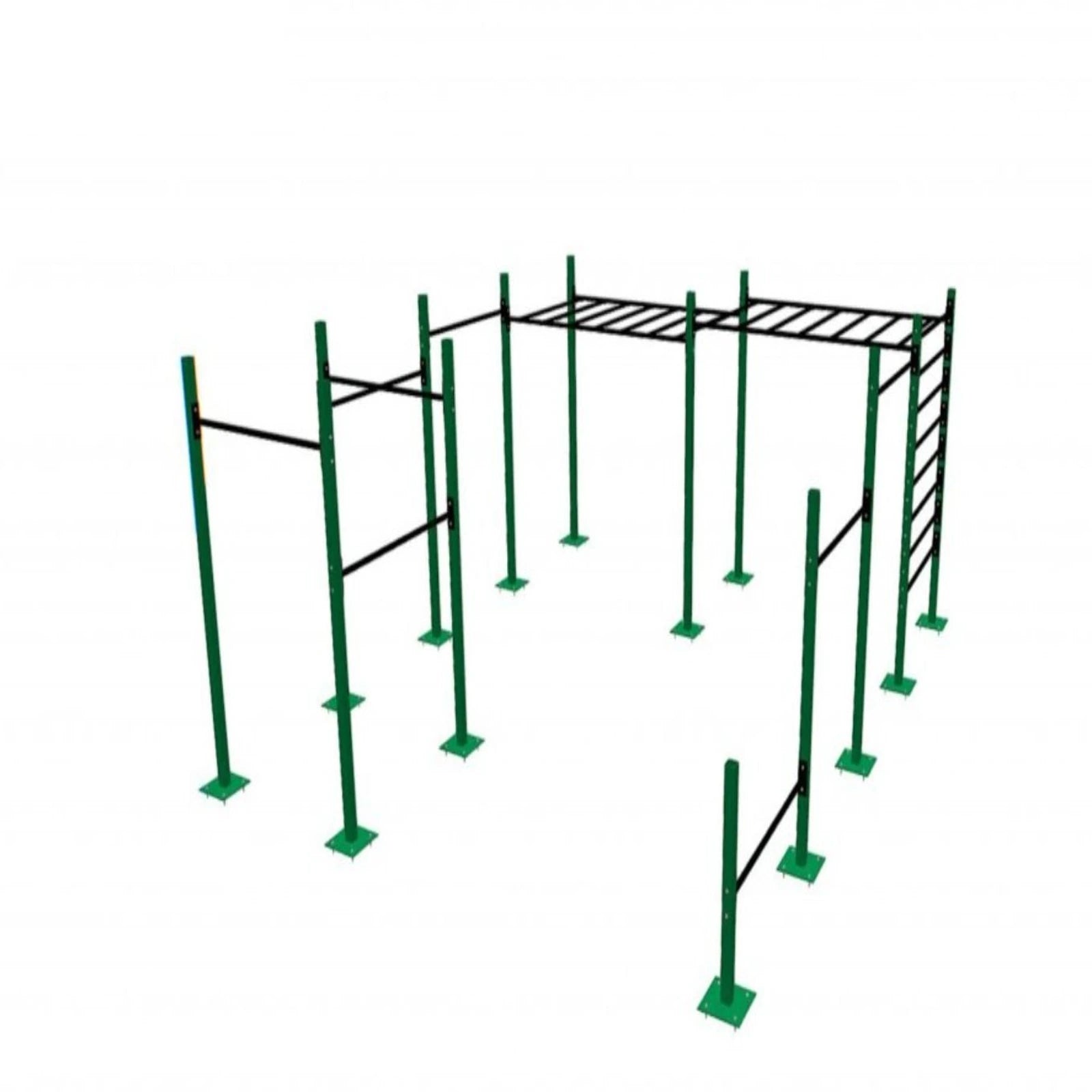 Gimnasio de calistenia profesional full size A-002: torres de dominadas, puente de monkey bar y espaldera integrada, acabado ilustrativo en verde sobre estructura de acero.