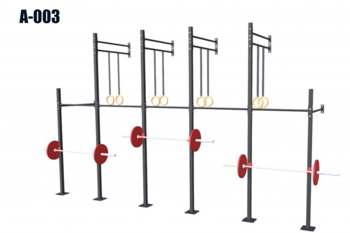 Estacion de Entrenamiento Funcional F-001 - estructura de acero con 3 pares de J-Cups y 4 puntos para anillas, render ilustrativo en fondo blanco, acabado real negro texturizado