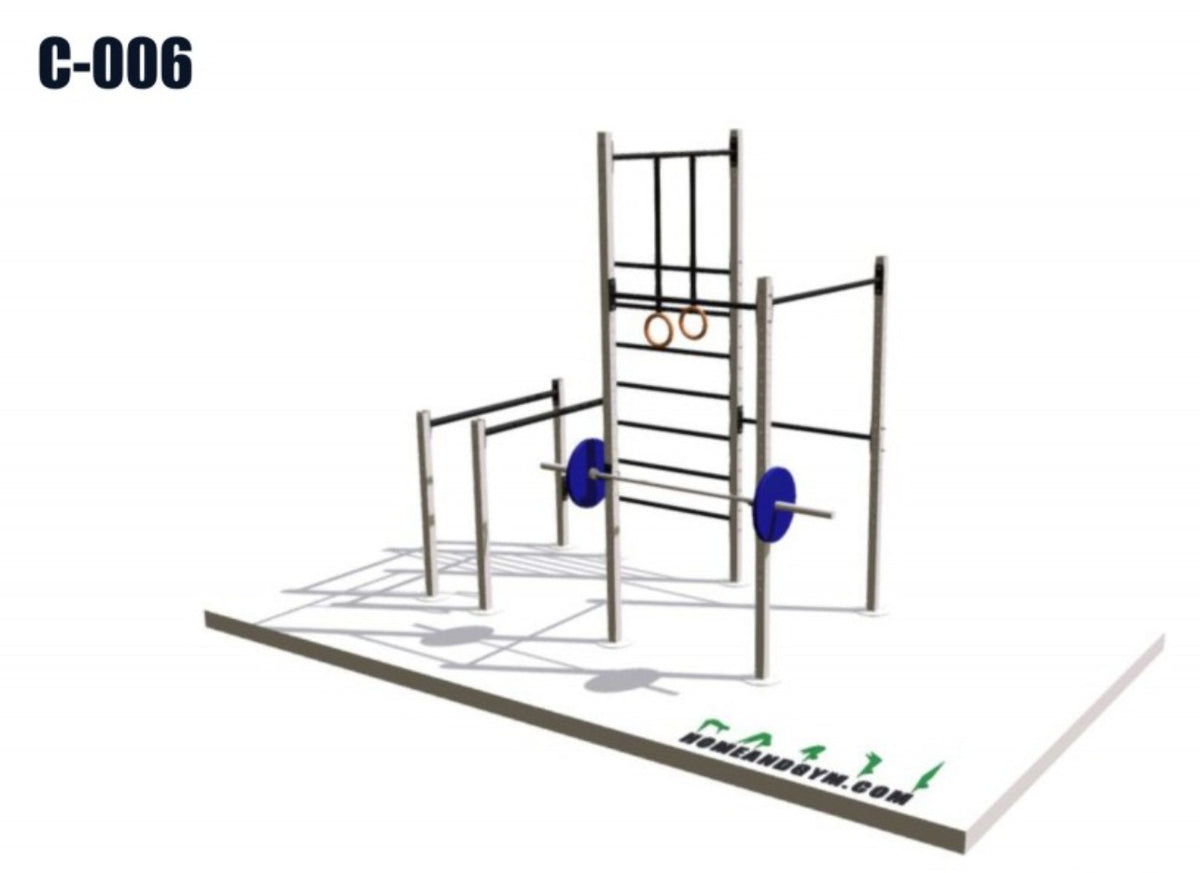 Estacion Funcional Compacta F-002 - torre con escalera de trepa, anillas y 1 J-Cup, render ilustrativo en fondo blanco, acabado real negro texturizado