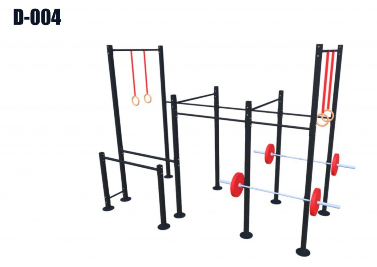 Estacion Funcional Doble con 2 J-Cups y Anillas F-004 - estructura de acero para entrenamiento funcional con 2 pares de J-Cups y 2 pares de puntos para anillas, vista de render ilustrativo en fondo blanco, colores de referencia (acabado real: negro texturizado).