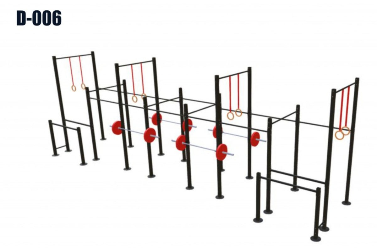 Estacion Funcional Profesional de 10.5 Metros con 4 J-Cups F-005 - estructura de acero para entrenamiento funcional con 4 pares de J-Cups y 4 pares de puntos para anillas, vista de render ilustrativo en fondo blanco, colores de referencia (acabado real: negro texturizado).