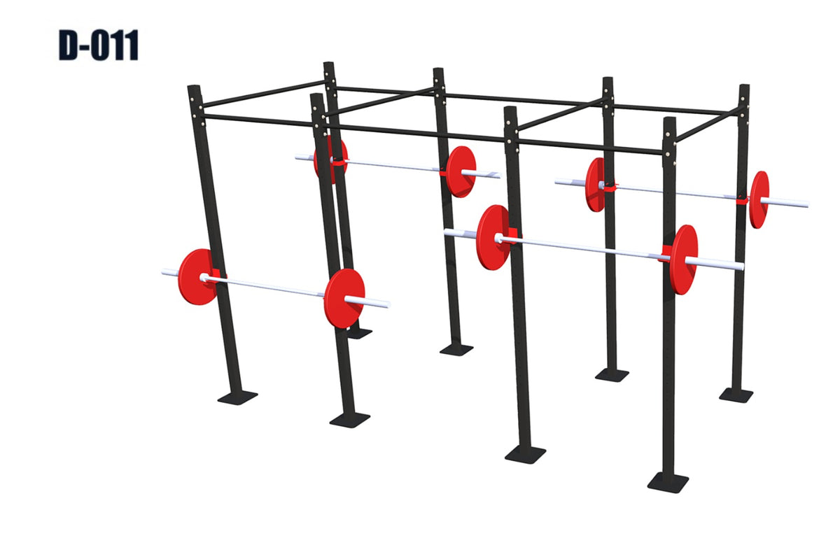 Rack Funcional de Circuito con 4 J-Cups F-006 - estructura de acero para entrenamiento funcional con 4 pares de J-Cups y 0 pares de puntos para anillas, vista de render ilustrativo en fondo blanco, colores de referencia (acabado real: negro texturizado).