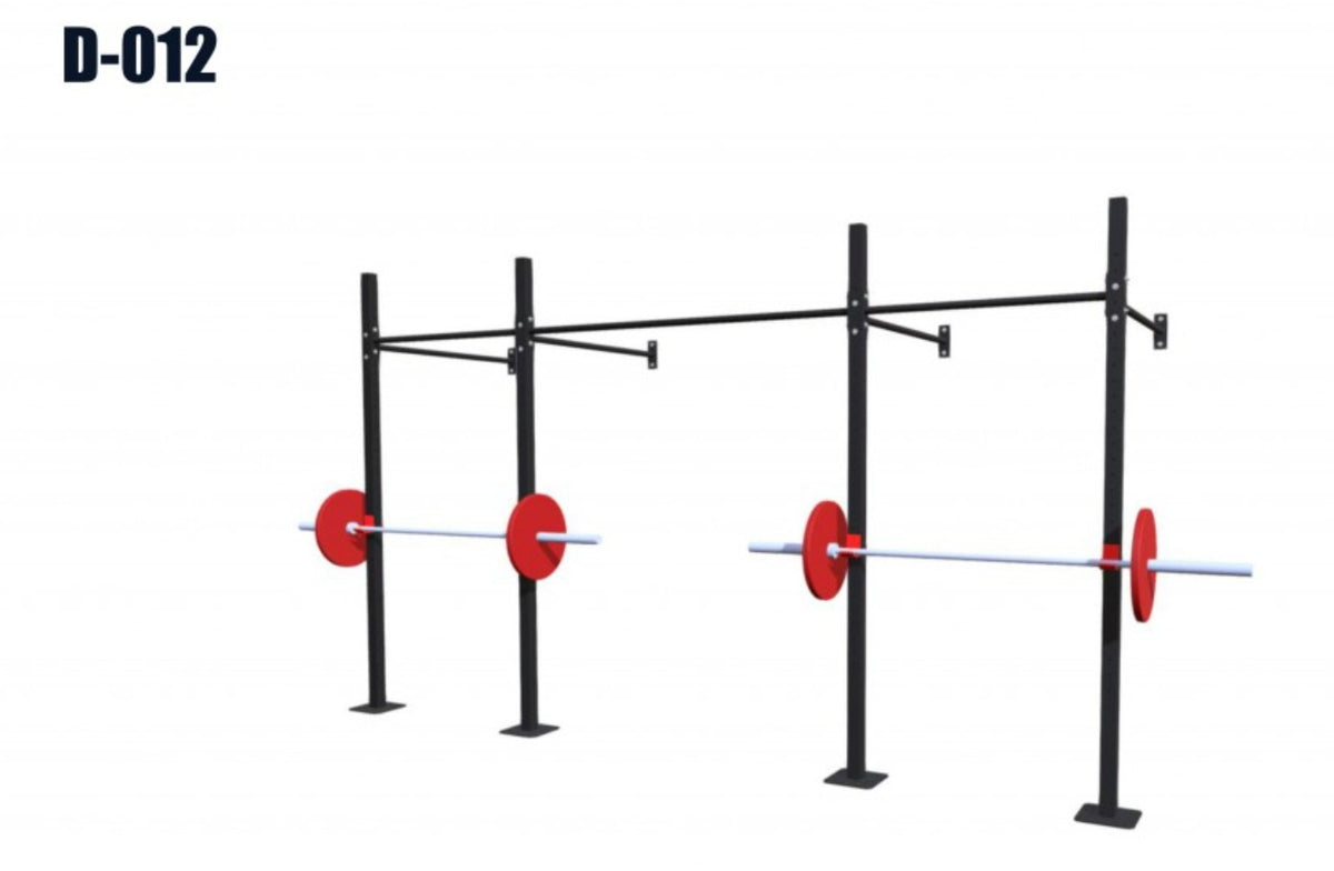 Estacion Funcional Ligera con 2 J-Cups F-007 - estructura de acero para entrenamiento funcional con 2 pares de J-Cups y 0 pares de puntos para anillas, vista de render ilustrativo en fondo blanco, colores de referencia (acabado real: negro texturizado).