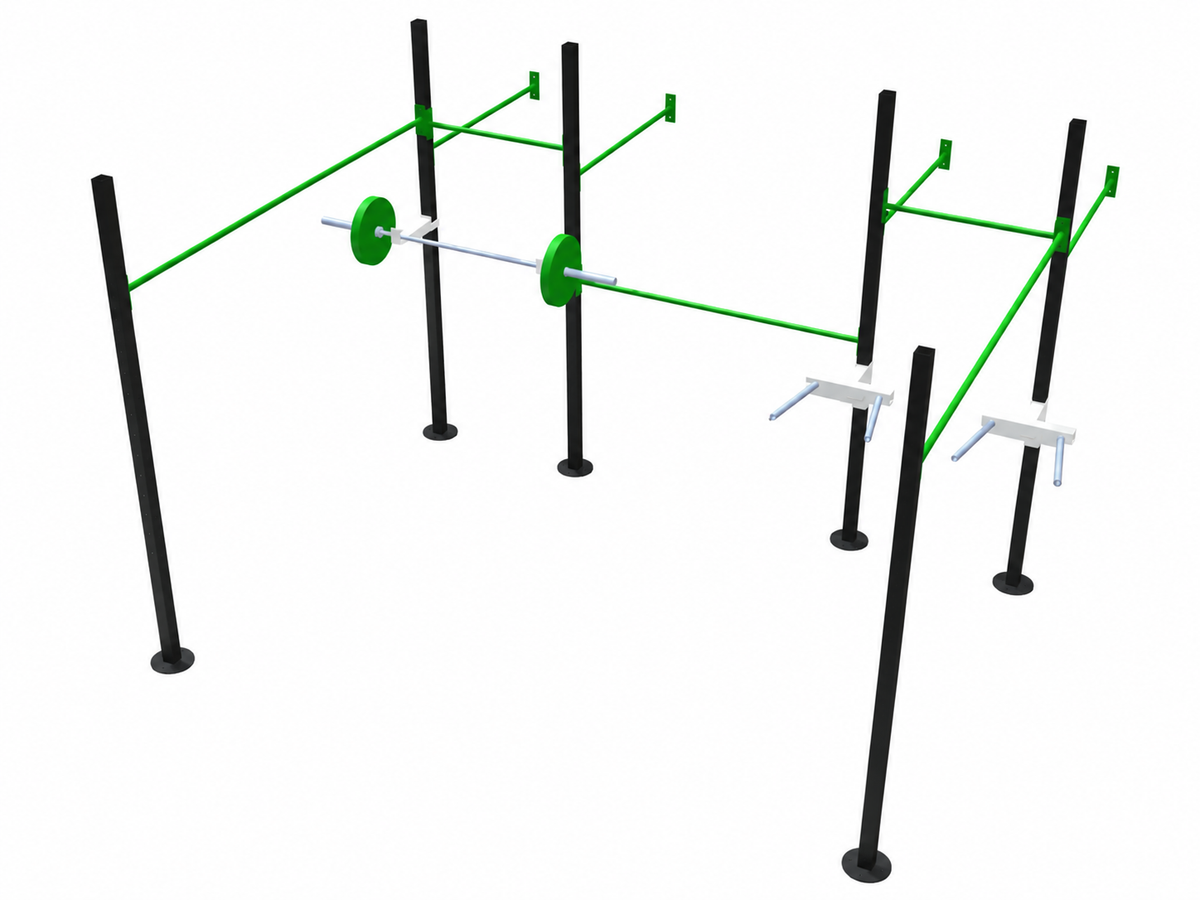 Estacion Funcional de Circuito con J-Cup y Fondos F-008 - estructura de acero para entrenamiento funcional con 1 pares de J-Cups y 0 pares de puntos para anillas, vista de render ilustrativo en fondo blanco, colores de referencia (acabado real: negro texturizado).