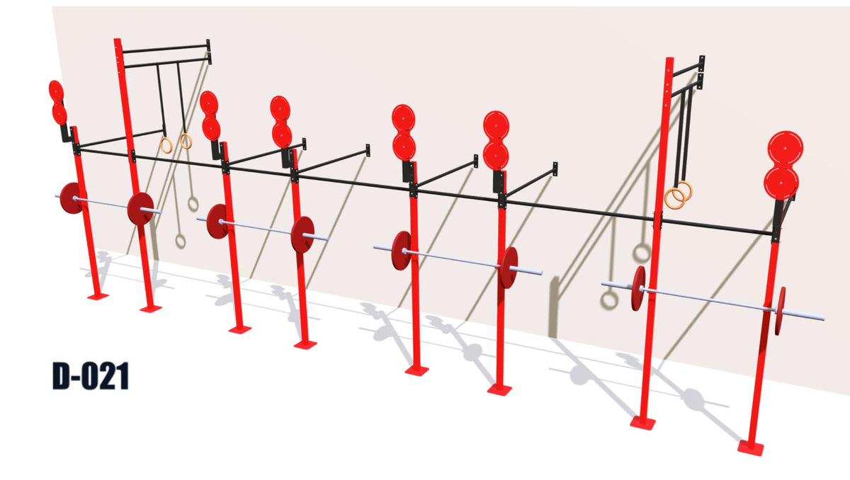 Estacion Funcional Lineal para Preparacion tipo hyrox F-009 - estructura de acero para entrenamiento funcional con 4 pares de J-Cups y 2 pares de puntos para anillas, vista de render ilustrativo en fondo blanco, colores de referencia (acabado real: negro texturizado).