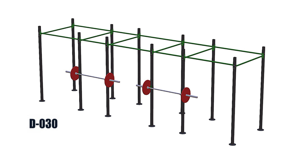 Estacion Funcional de Circuito Grupal con 2 J-Cups F-010 - estructura de acero para entrenamiento funcional con 2 pares de J-Cups y 0 pares de puntos para anillas, vista de render ilustrativo en fondo blanco, colores de referencia (acabado real: negro texturizado).