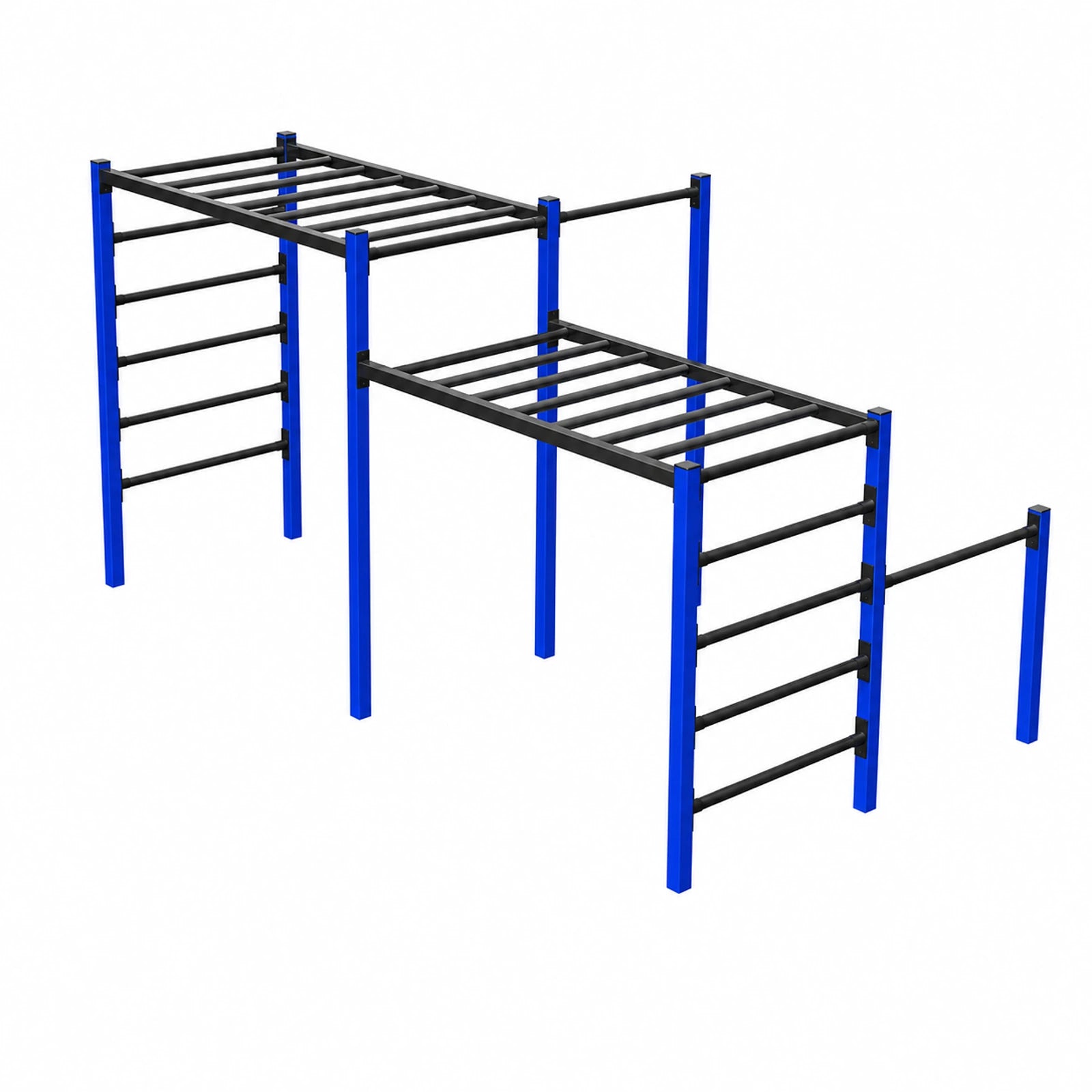 Módulo compacto de calistenia M-001: ocho postes con doble tramo de monkey bar a distinta altura, acabado ilustrativo en azul.