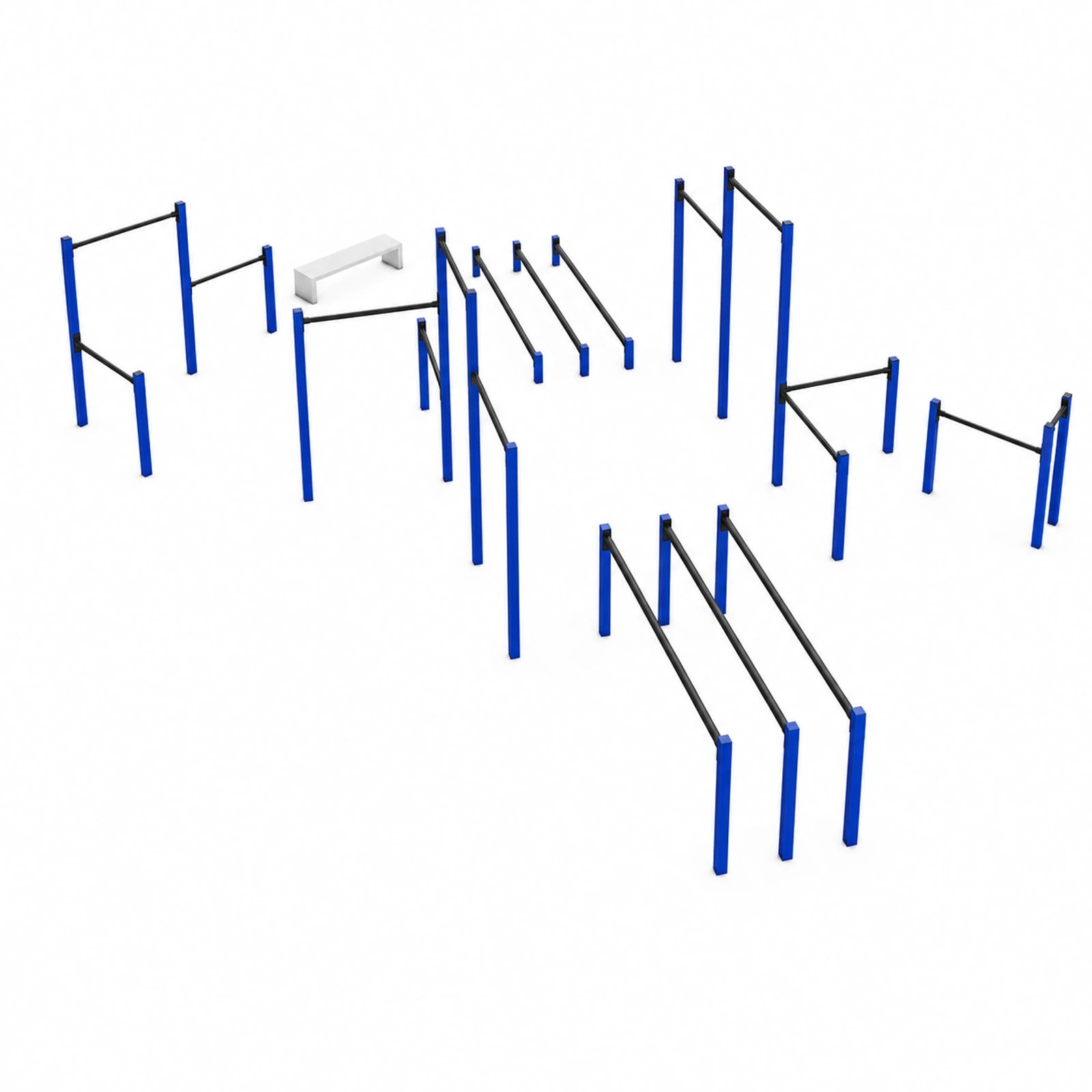 Set modular de calistenia M-002: múltiples torres de dominadas y paralelas distribuidas en varias estaciones; la banca junto a las barras es ilustrativa y no está incluida.