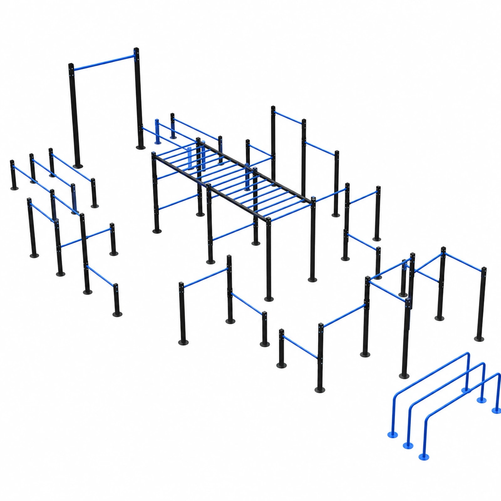 Set modular de calistenia de gran formato M-003: extenso circuito con más de 30 barras, paralelas y doble monkey bar para uso simultáneo de muchos usuarios.