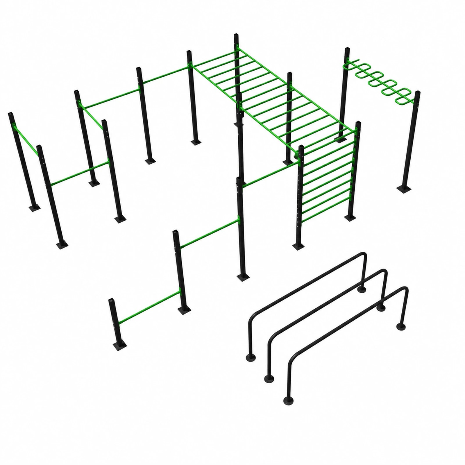 Set modular de calistenia M-004: monkey bar, espaldera integrada y paralelas; la barra olímpica con discos y las anillas mostradas son ilustrativas, no incluidas.