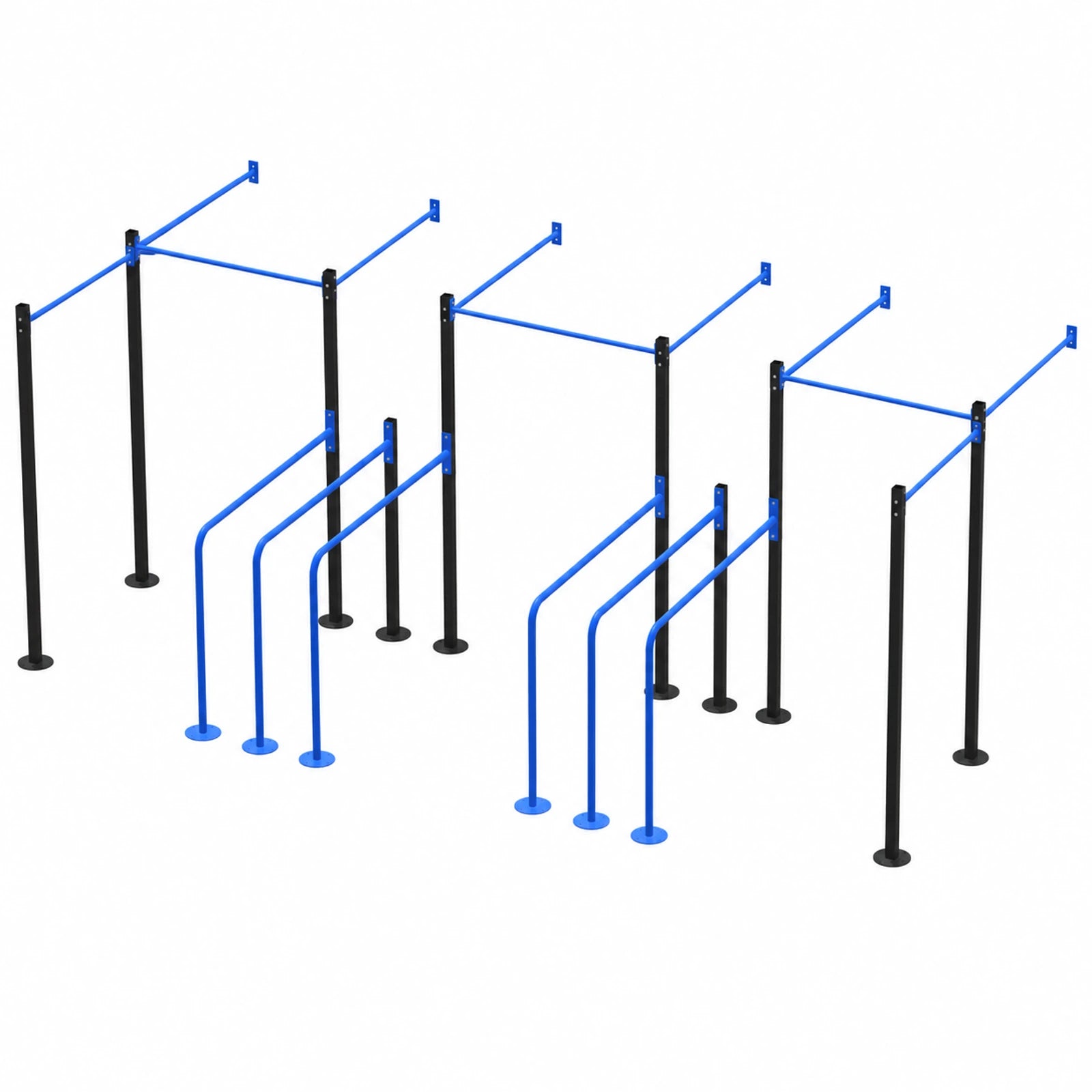 Set modular compacto de calistenia M-005: torres de dominadas y estaciones de paralelas en formato reducido, acabado ilustrativo en azul.
