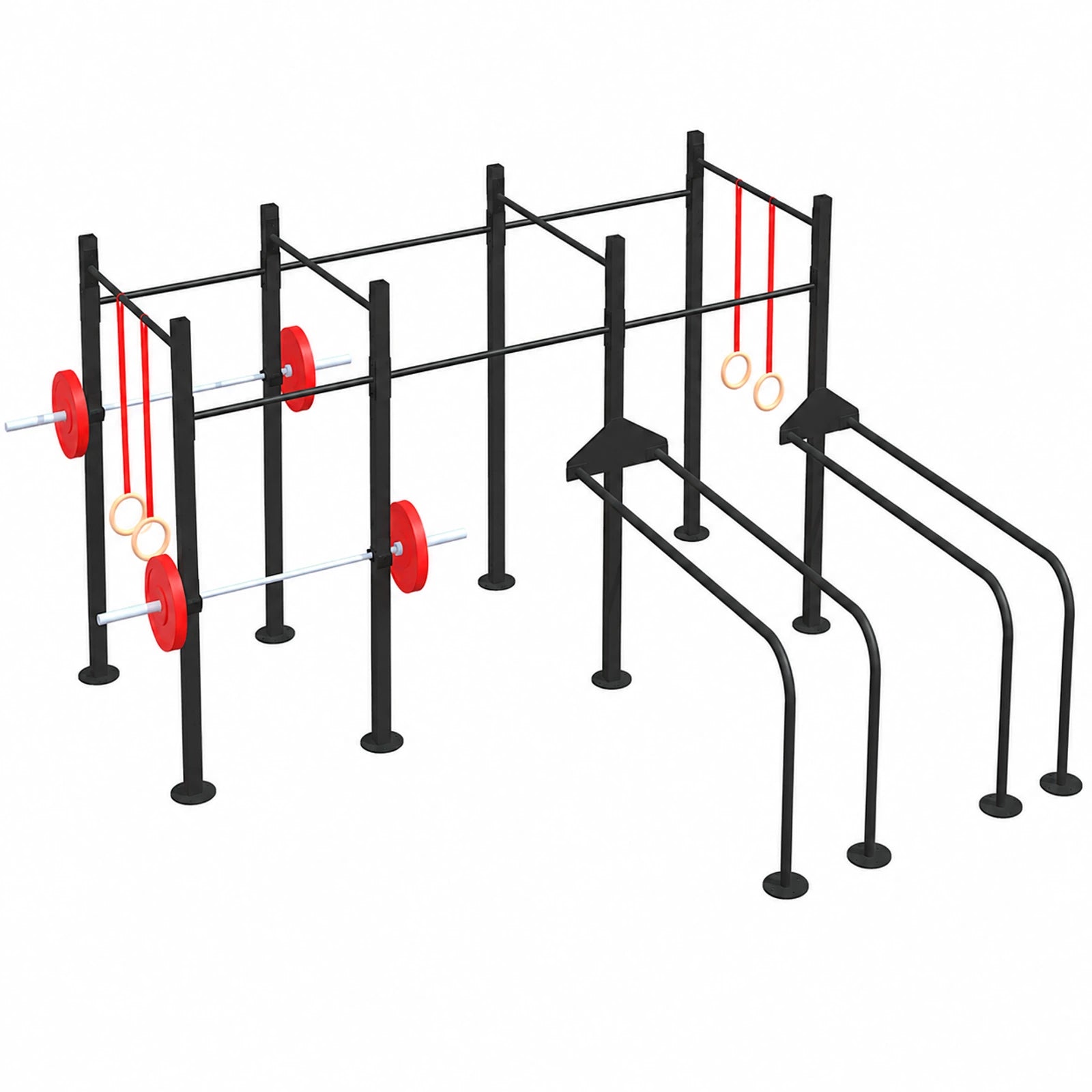 Set modular de calistenia M-006: torres de dominadas, paralelas y par de J-cups incluidos en la estructura; barra olímpica, discos y anillas mostrados son ilustrativos.