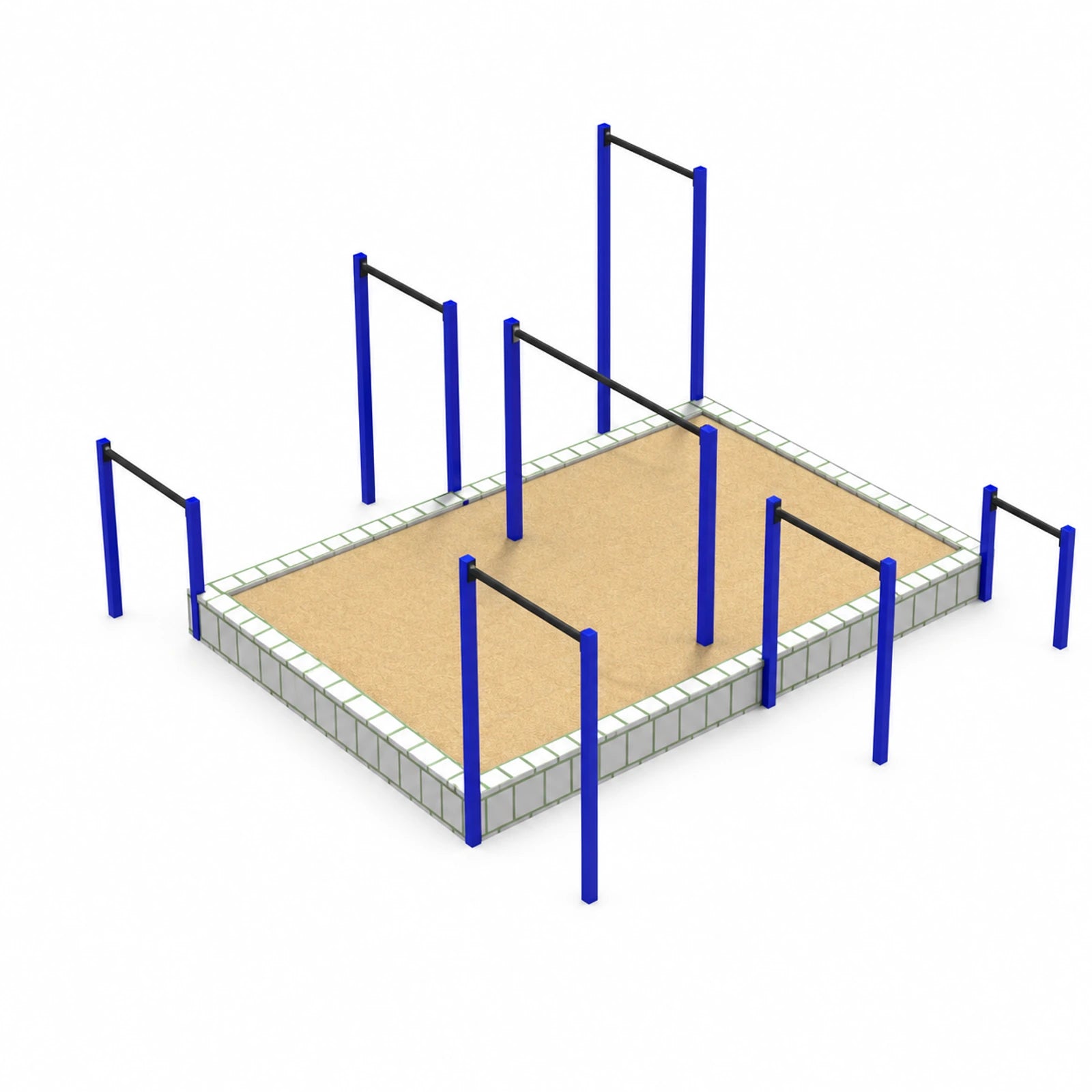 Set modular de barras freestyle M-007: siete barras alrededor de una plataforma de arena que es solo una simulación de instalación, no parte del producto.